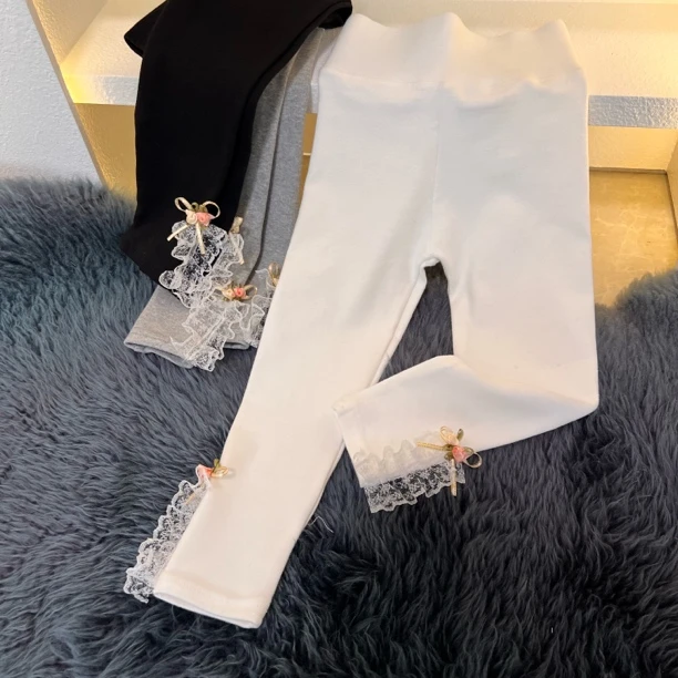 【关店清仓】女童2025春夏针织拉架裤蕾丝荷叶边小花朵高腰打底长裤