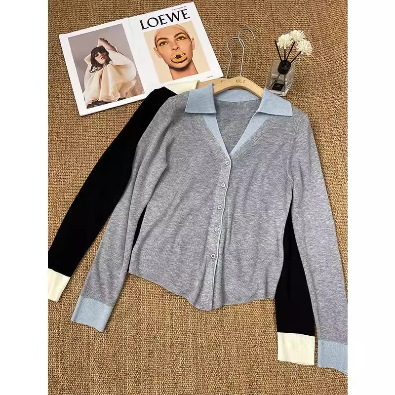 灰色假两件薄款针织开衫毛衣外套女2025新款春季休闲翻领长袖上衣