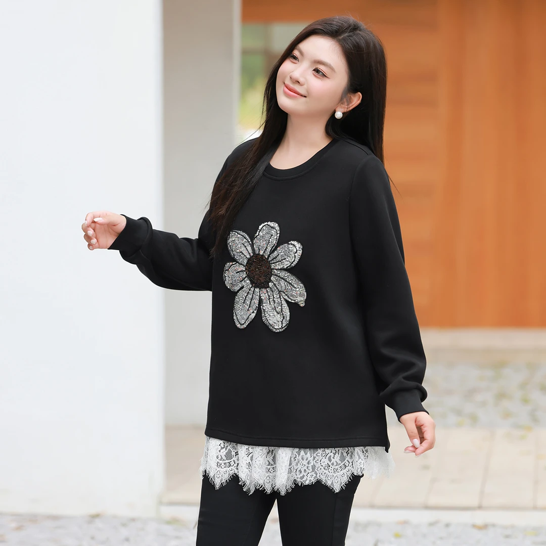 【重工珠片绣】MsShe大码女装春季时尚百搭宽松休闲卫衣E2412017