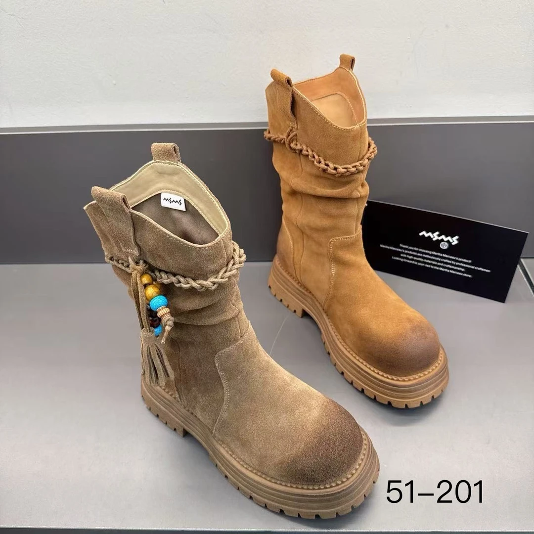 玛莎玛索秋季新款中筒女靴51-201时尚百搭休闲一脚蹬圆头网红潮鞋