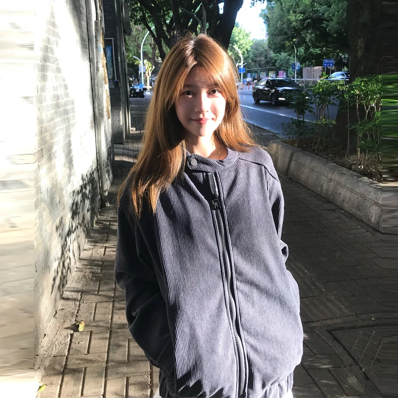 秋冬上衣情侣秋季美式拼接条纹男女夹克宽松型夹克