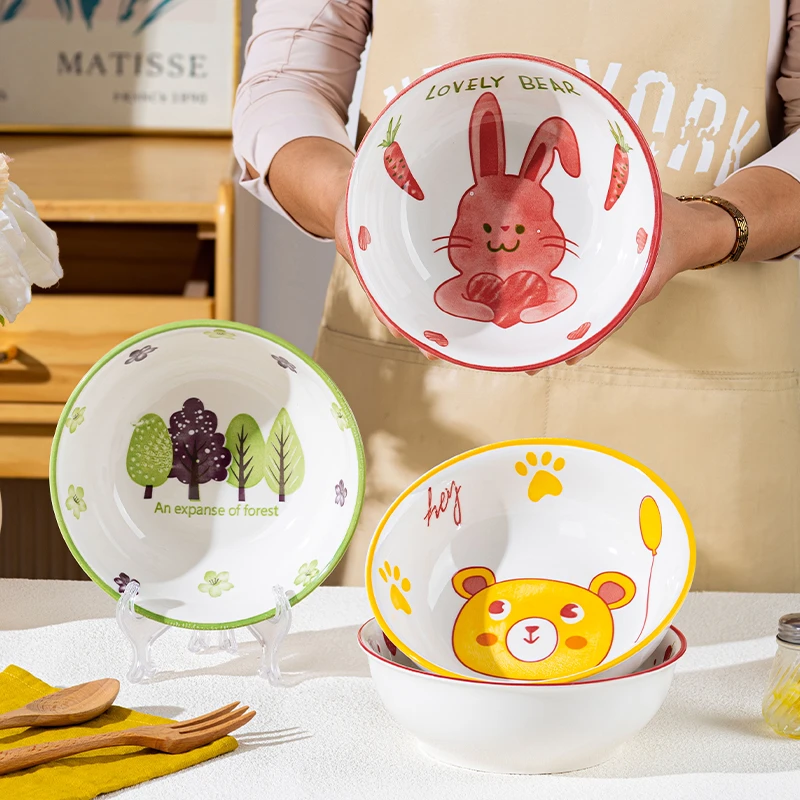 家用陶瓷面碗米饭碗可爱网红田园元素卡通元陶瓷餐具大汤碗喝汤碗
