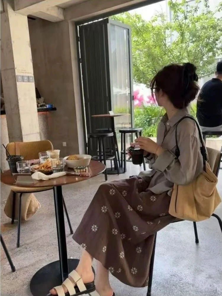 复古绣花松紧腰天丝麻半身裙宽松显瘦时尚百搭