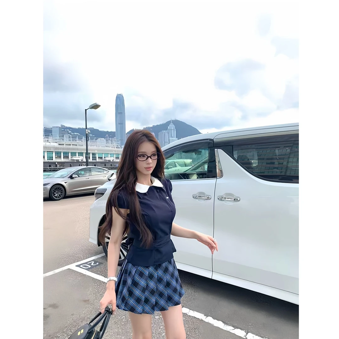 miu系乖乖牌 夏季学院风腰带收腰显瘦设计感假两件衬衫半裙两件套