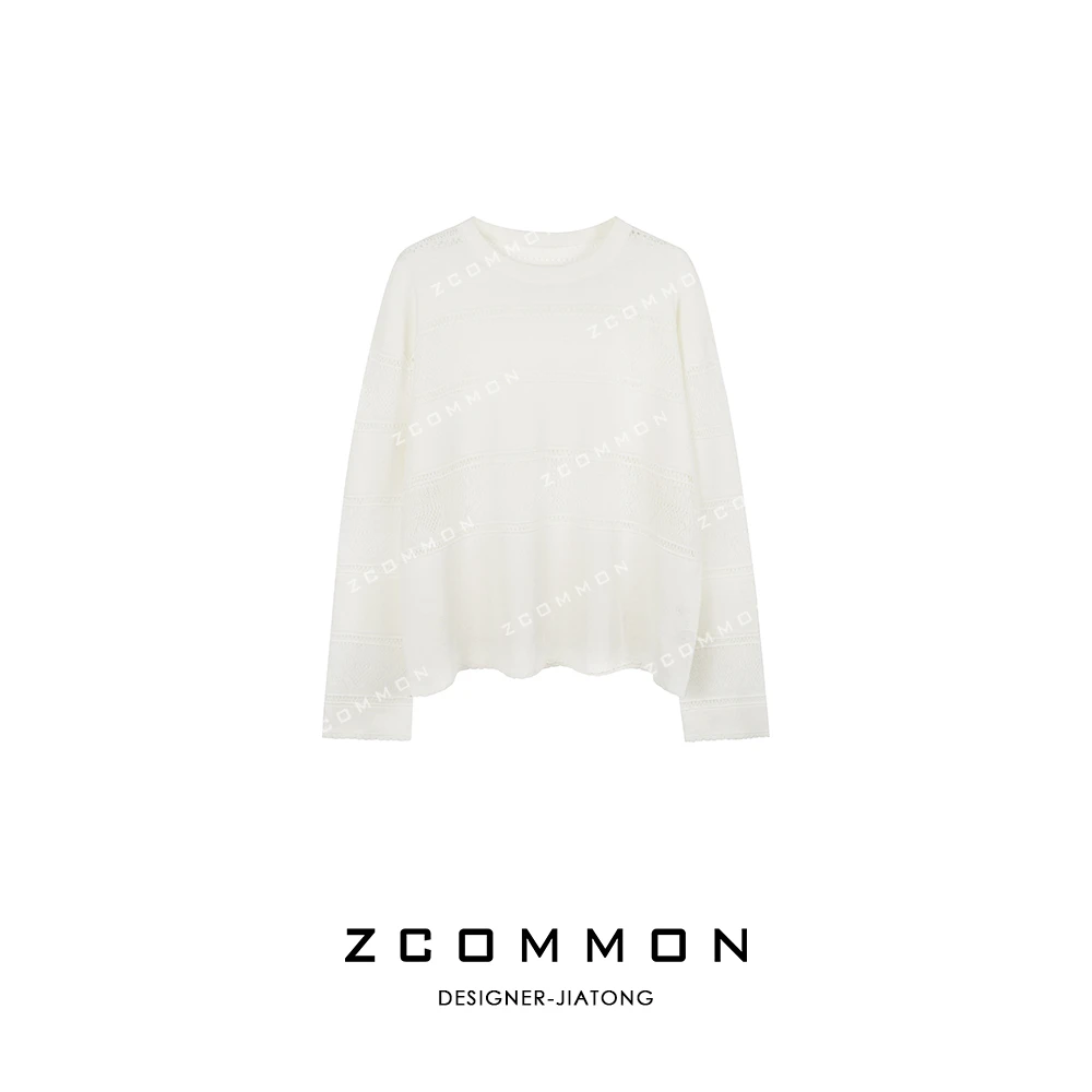 Z common夏天气质桑蚕丝亚麻圆领镂空长袖套头防晒罩衫 2505205
