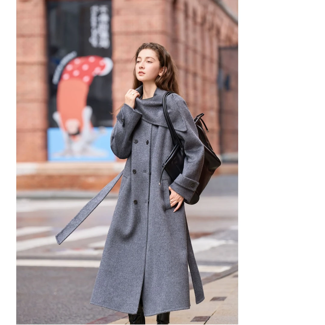 韩系围巾领气质加厚氛围长羊毛呢长款大衣女秋冬季时尚宽松百搭