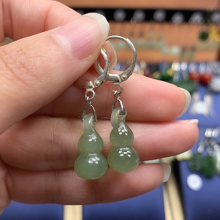 和田玉银S925镶嵌耳饰葫芦18左右晴水卡扣