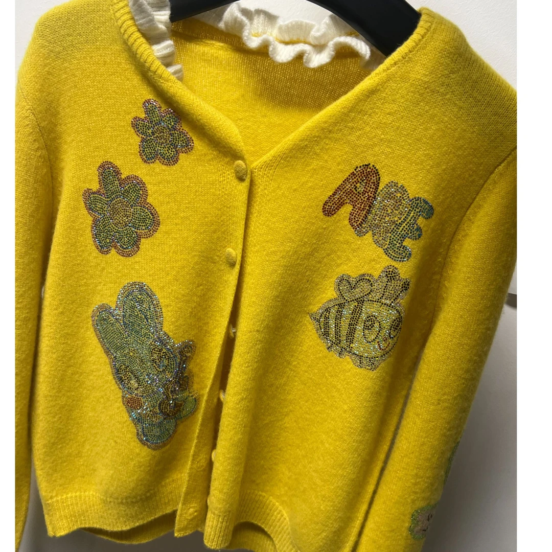 TCH私服秋季氛围感烫钻时尚淑女黄色针织开衫T75C43E5068轻奢tch