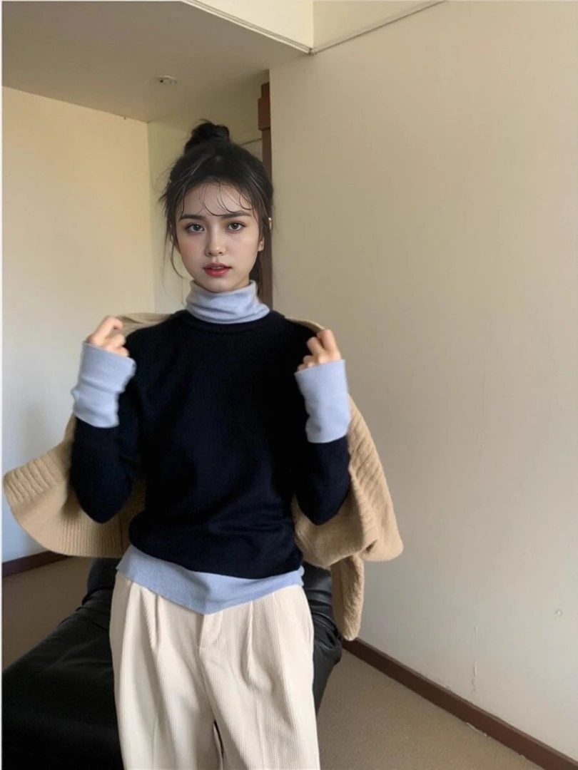 韩系假两件高领打底衫女秋季高级感内搭拼接撞色正肩长袖t恤上衣