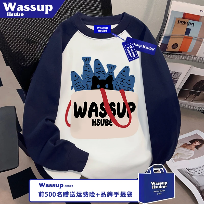 WASSUP HSUBE猫鱼印花T恤ins秋季插肩上衣100%纯棉男女新款长袖