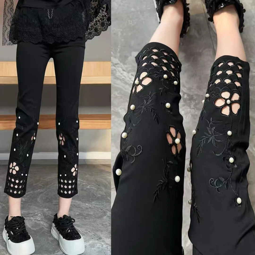 【合肥欢欢】“小细腿”时尚薄款镂空刺绣弹力显瘦九分烟管裤女9067