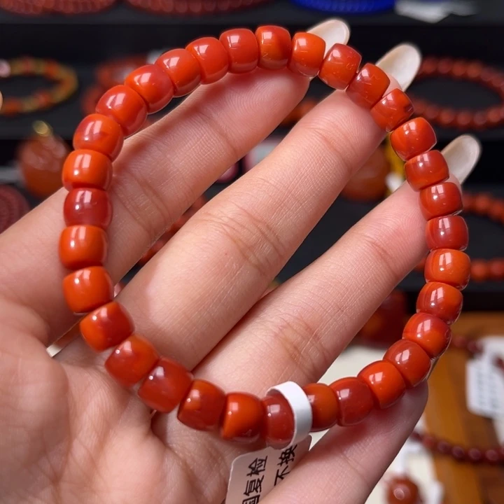 南红玛瑙未镶嵌手链满肉柿子红玫红双色精工直切7mm