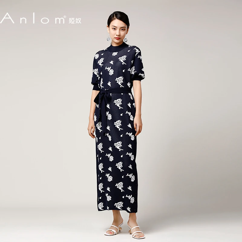 Anlom/娅奴夏季新款短袖圆领蓝白涤纶休闲时尚通勤常规针织连衣裙