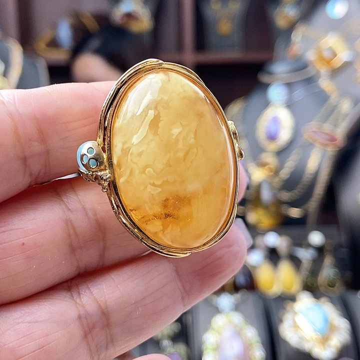 琥珀戒指银S925镶嵌戒指