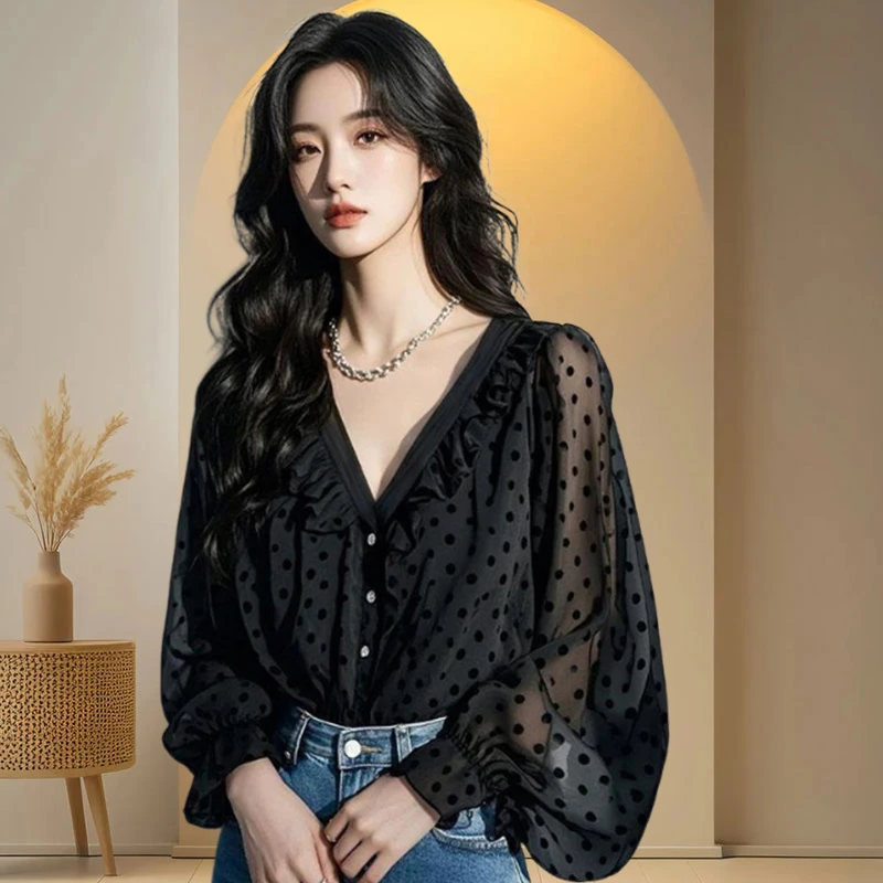 休闲松弛感波点荷叶边雪纺衬衫女2025春秋新新颖别致洋气上衣女士