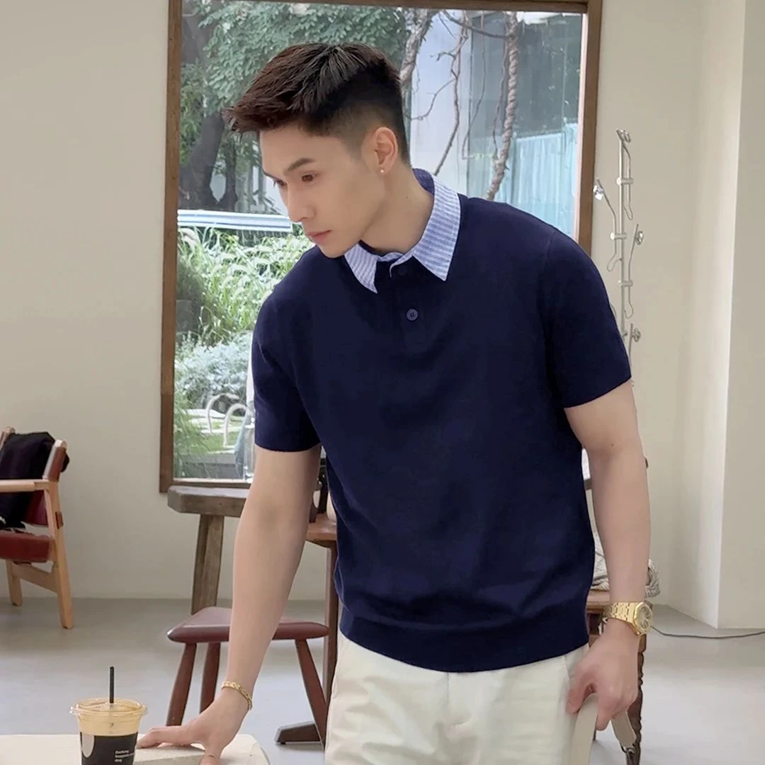 夏季冰爽丝雅奢撞色拼接衬衫领短袖休闲针织POLO衫男时尚休闲翻领