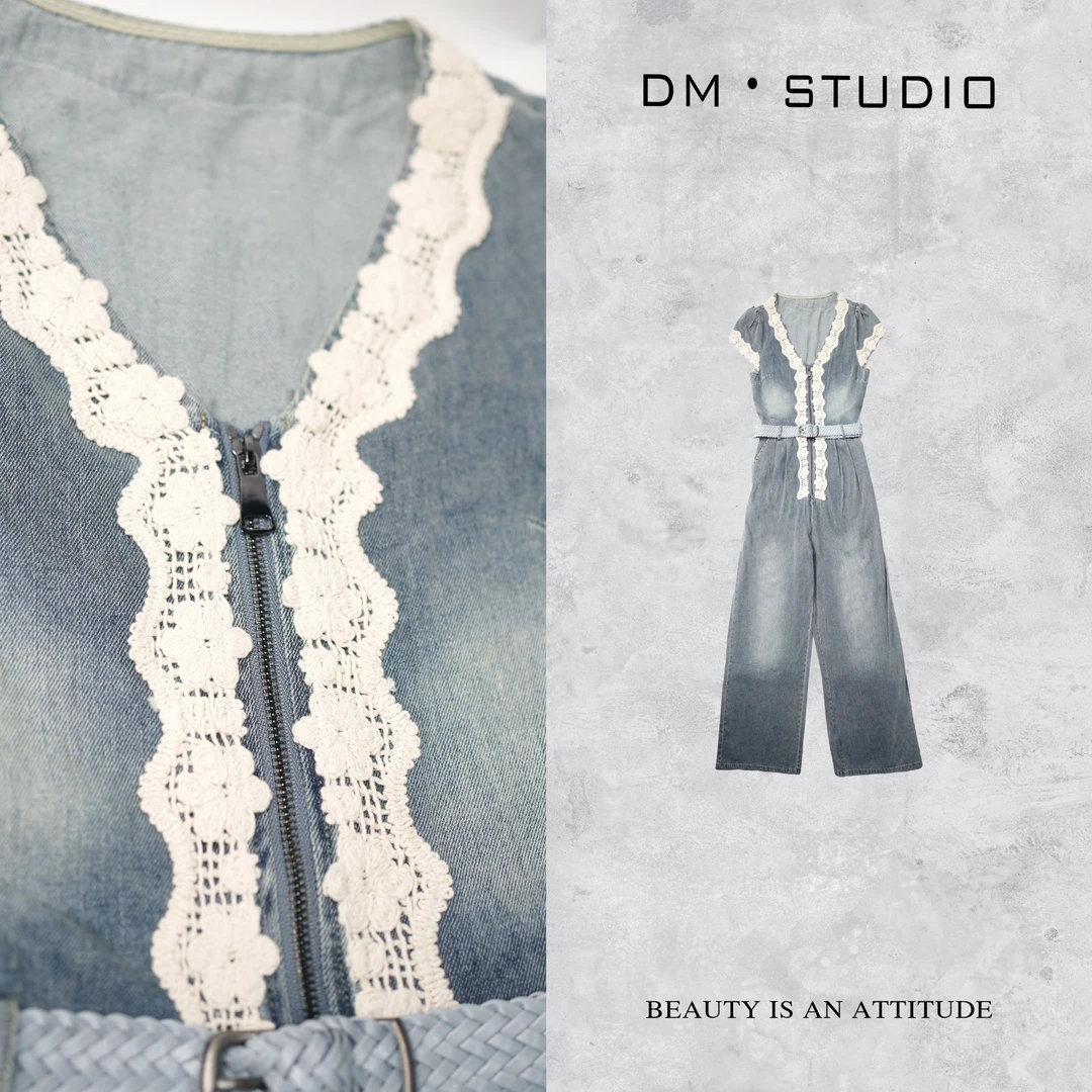 DEDM•STUDIO/复古重工小众精致蕾丝V领水洗连体裤（2504LTK/65012）