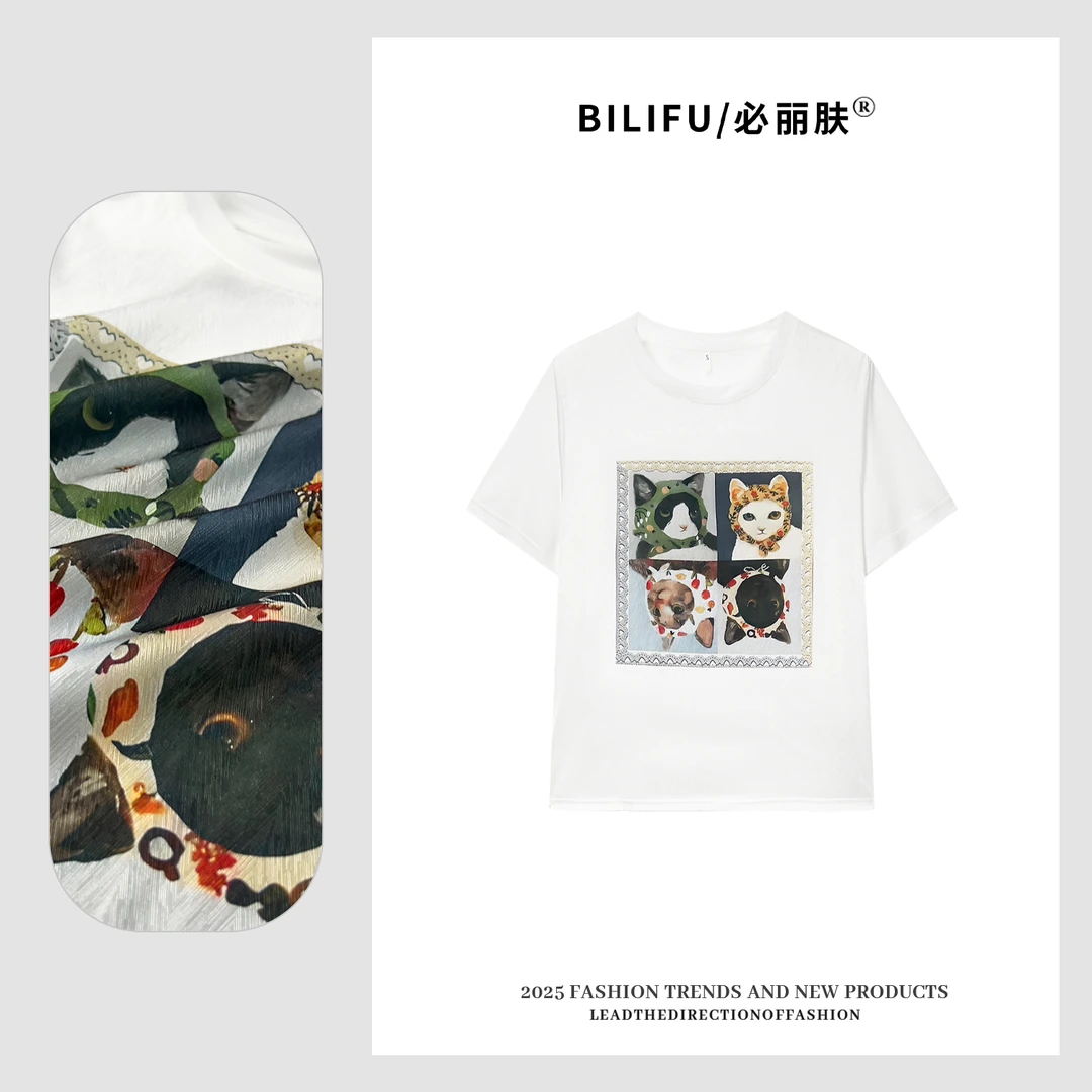 BILIFU/必丽肤 猫咪印花AB面T恤春夏百搭桑蚕丝圆领上衣9002