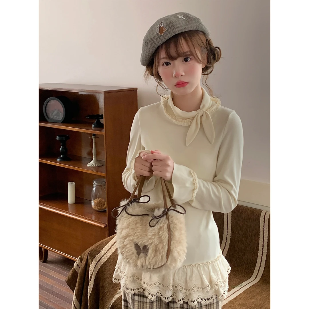 【新品】sinsingirl 蝴蝶结兔耳长款花边甜美可外露打底衫