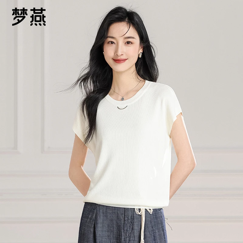 梦燕夏季女时尚百搭气质通勤宽松休闲舒适简约圆领T恤BC01B5002D