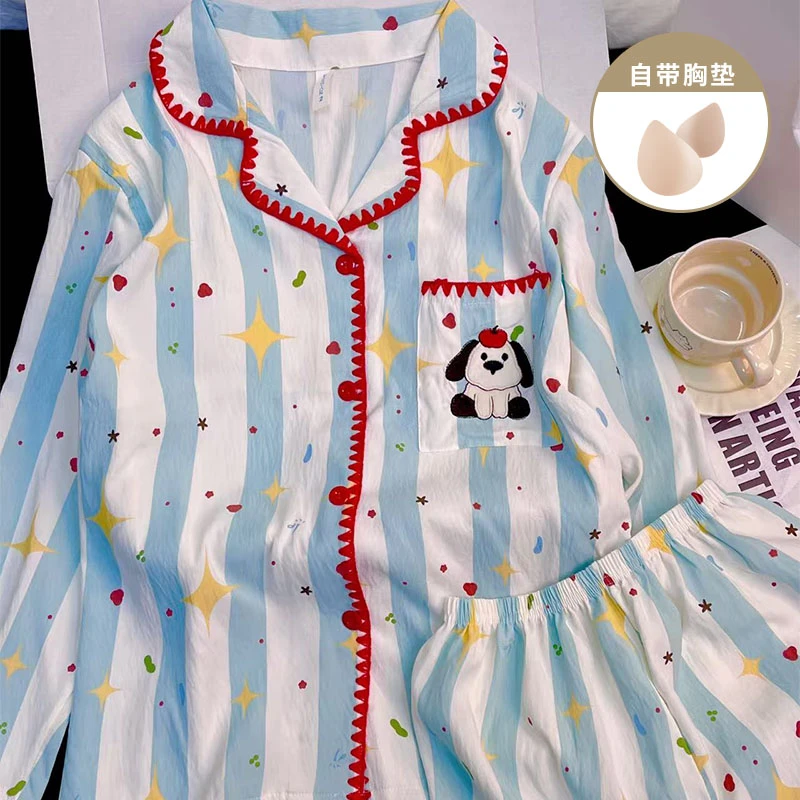 蓝白条纹睡衣女春秋款带胸垫可爱小狗高级感长袖长裤秋冬季家居服