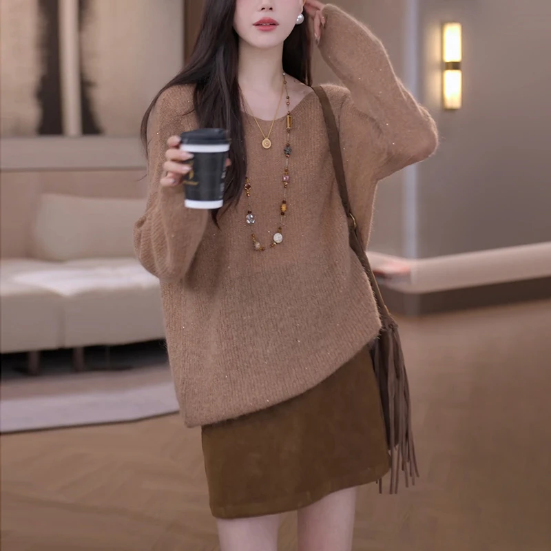 氛围感气质V领毛针织衫2025秋季新款网红女装宽松慵懒风针织长袖