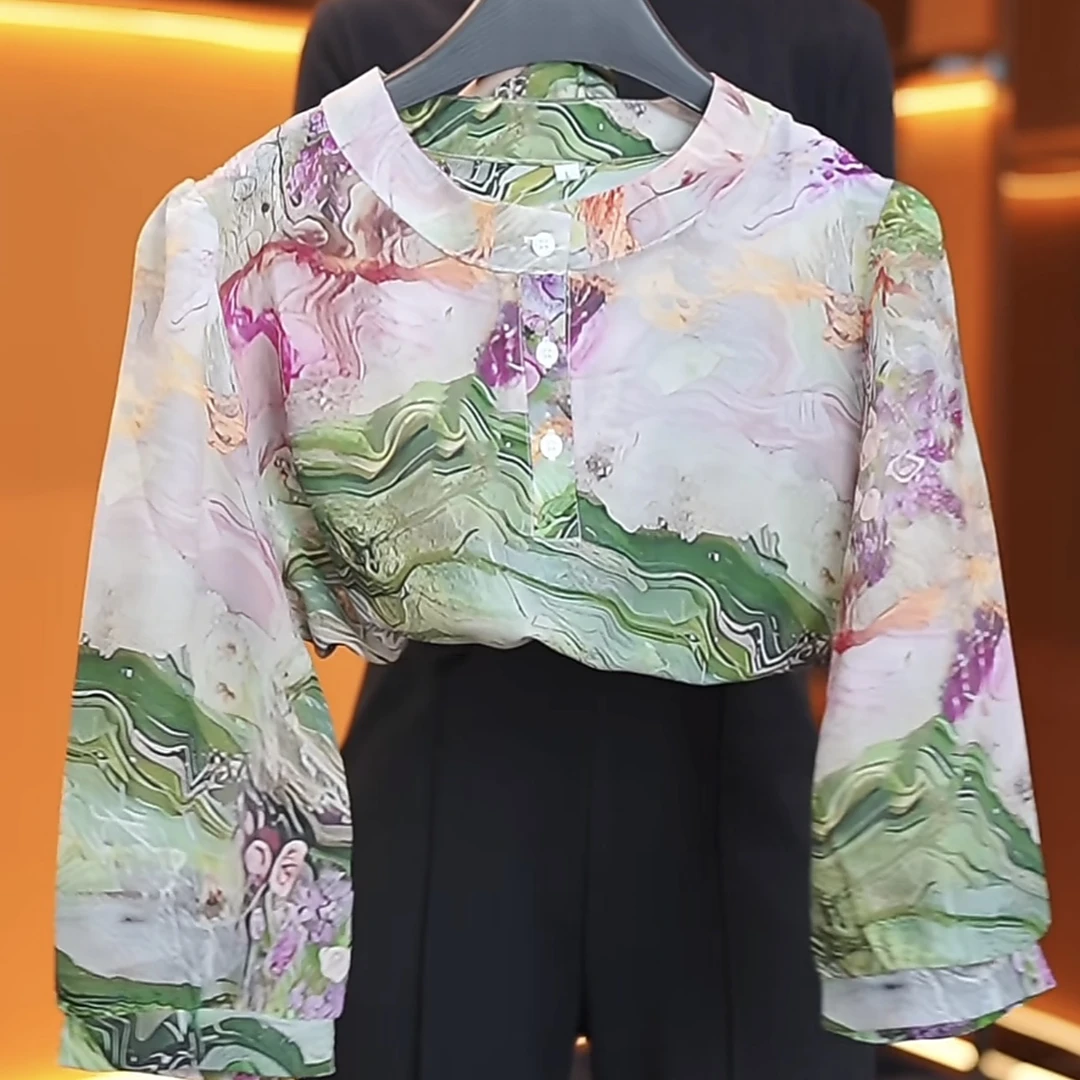 杭州正版新款邂逅国风瑰丽山水印花温婉气质衬衫女