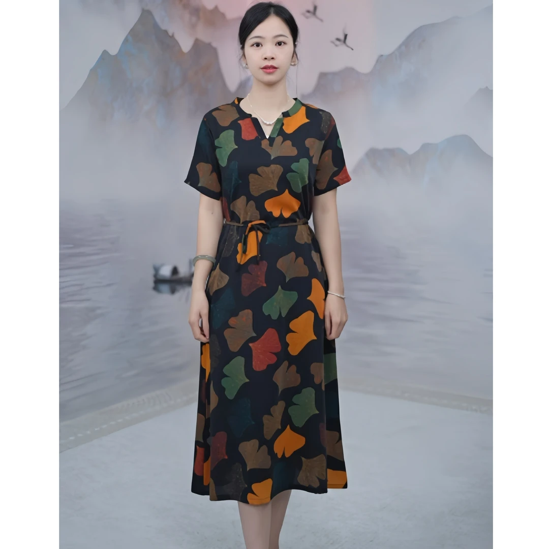 2577    定制款彩色杏色印花小V领气质显瘦女装连衣裙