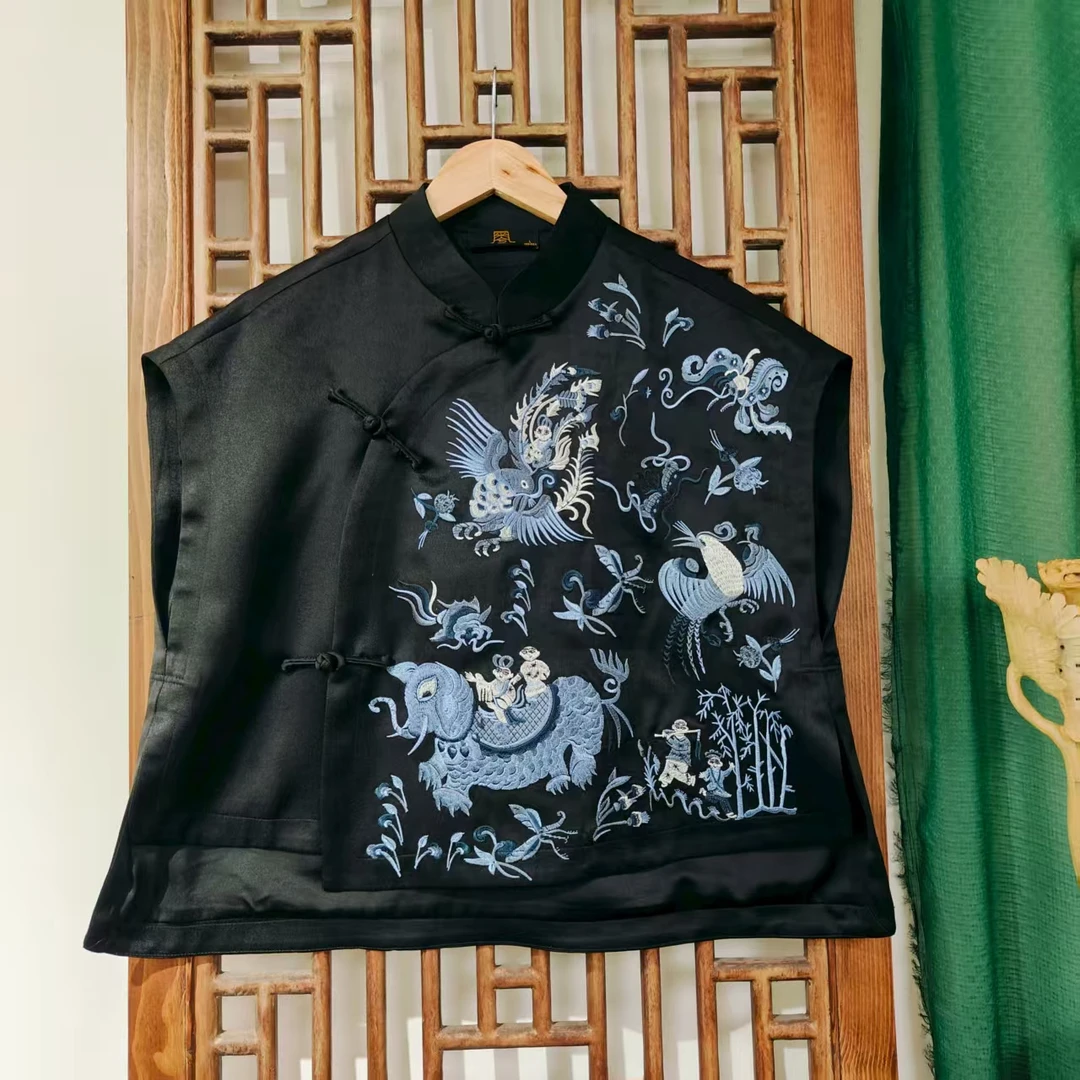 （LS597-28）凤徕兮私人定制黑色光板底蓝白图腾斜襟盘扣无袖短上衣