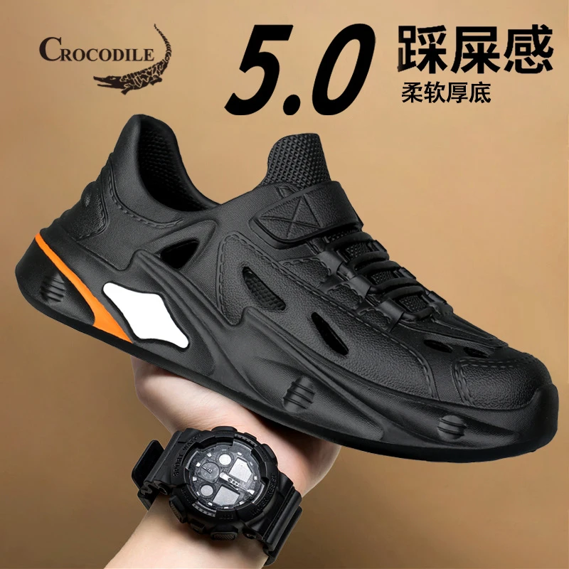 鳄鱼恤洞洞鞋男2025新款夏季外穿镂空踩屎感运动包头凉鞋海边涉水