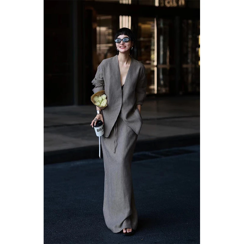 清冷风时尚亚麻套装裙女早秋灰色松弛感宽松马甲半身裙长裤两件套