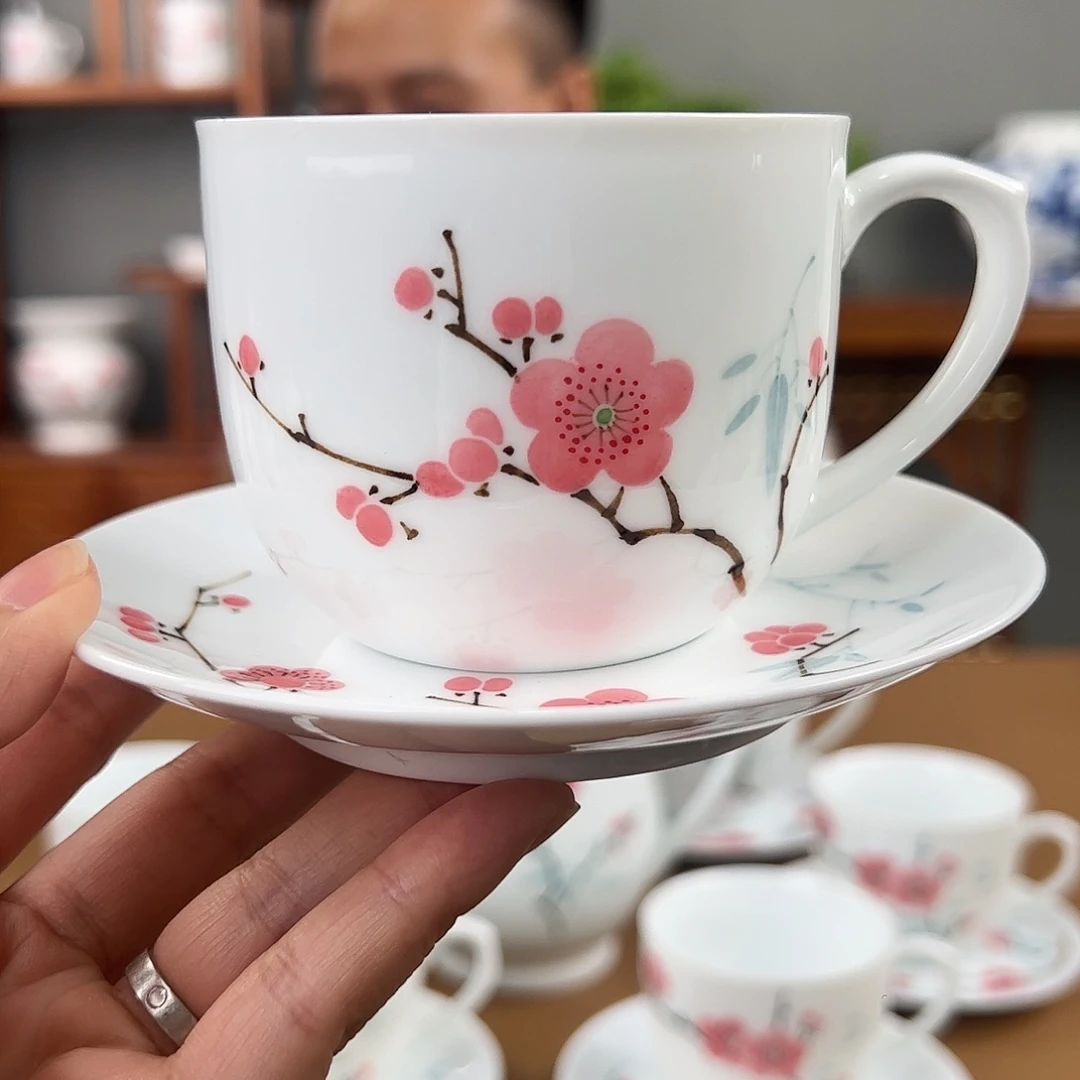 高白瓷 红梅咖啡杯碟，微瑕
