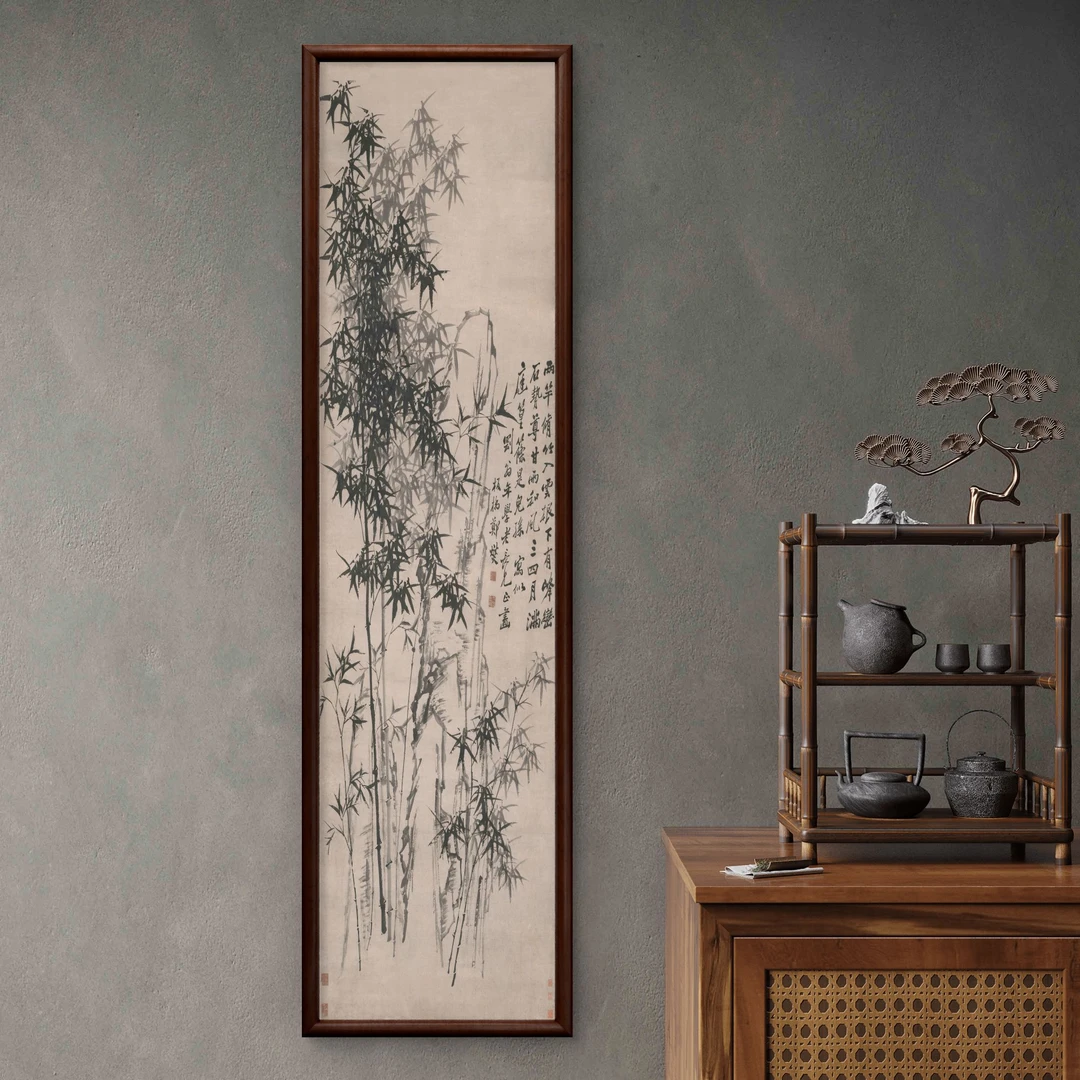 9754-40*150竹石图中式装饰画书房茶室办公室沙发背景床头