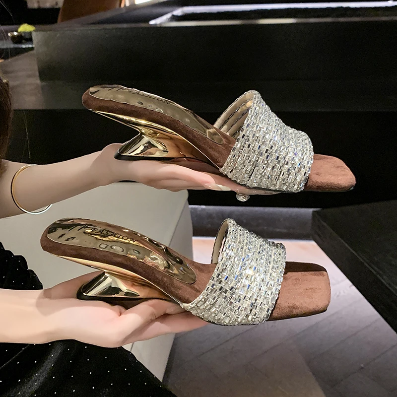 绝美仙女风高级感一字拖凉鞋夏季外穿御姐水钻气质高跟坡跟凉拖鞋