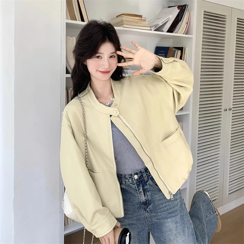 黄色短款pu皮衣外套女春秋2025新款小个子夹克上衣高级感机车服