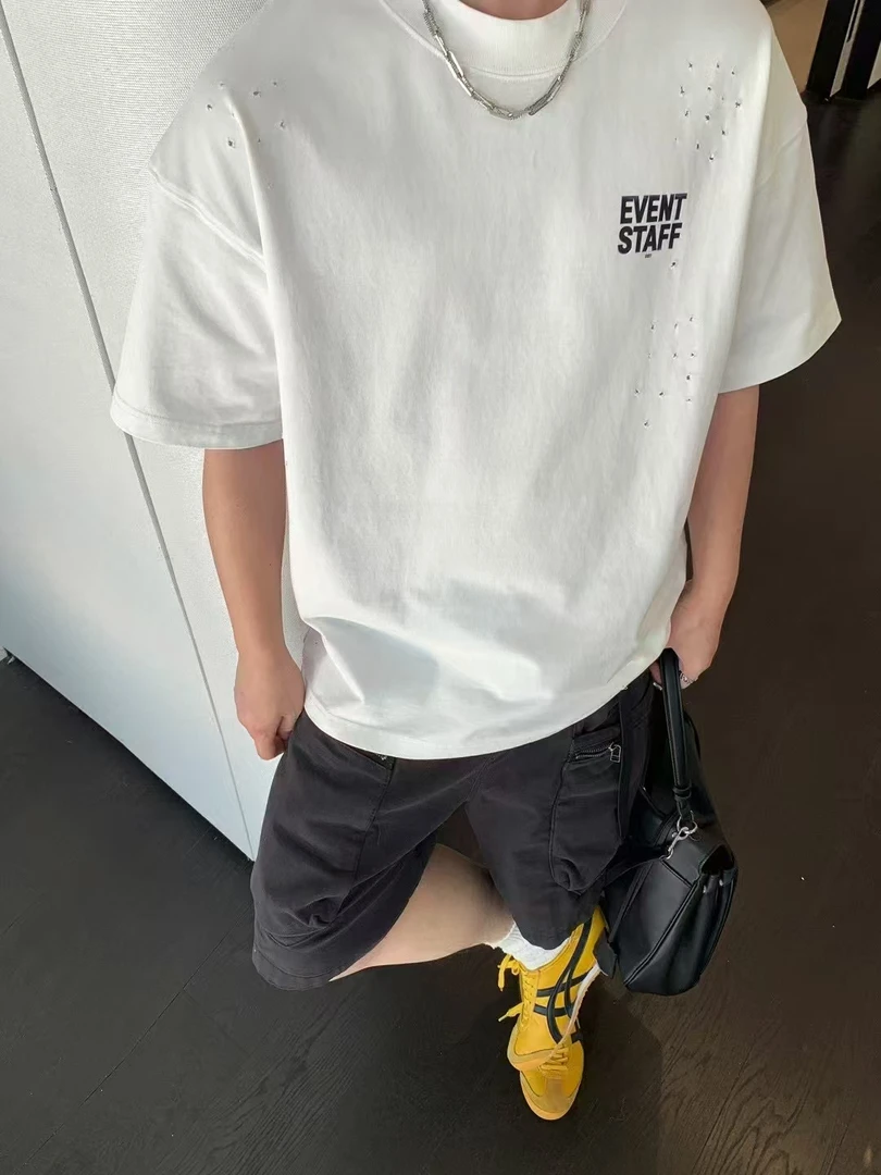 韩版潮款破洞T恤男夏季时尚青年纯棉字母印花短袖潮