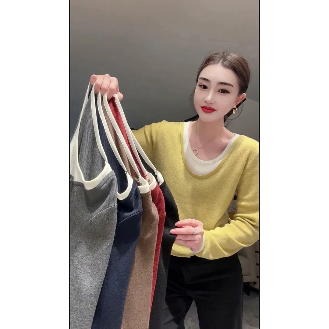 欧货撞色拼接假两件针织衫休闲风V领针织秋冬上衣百搭宽松