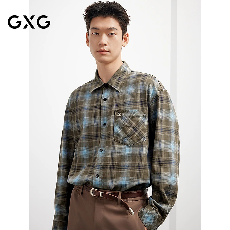 GXG男装格子长袖衬衫情侣潮慵懒衬衫外套25年春季新款#G25D033029