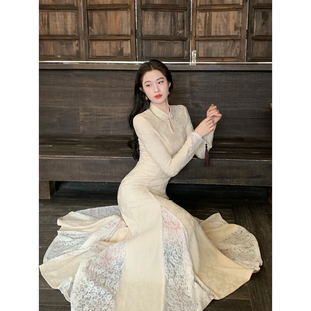 凌茜恣禾【浅枫】国风新中式羊毛气质改良镂空旗袍领蕾丝连衣裙女
