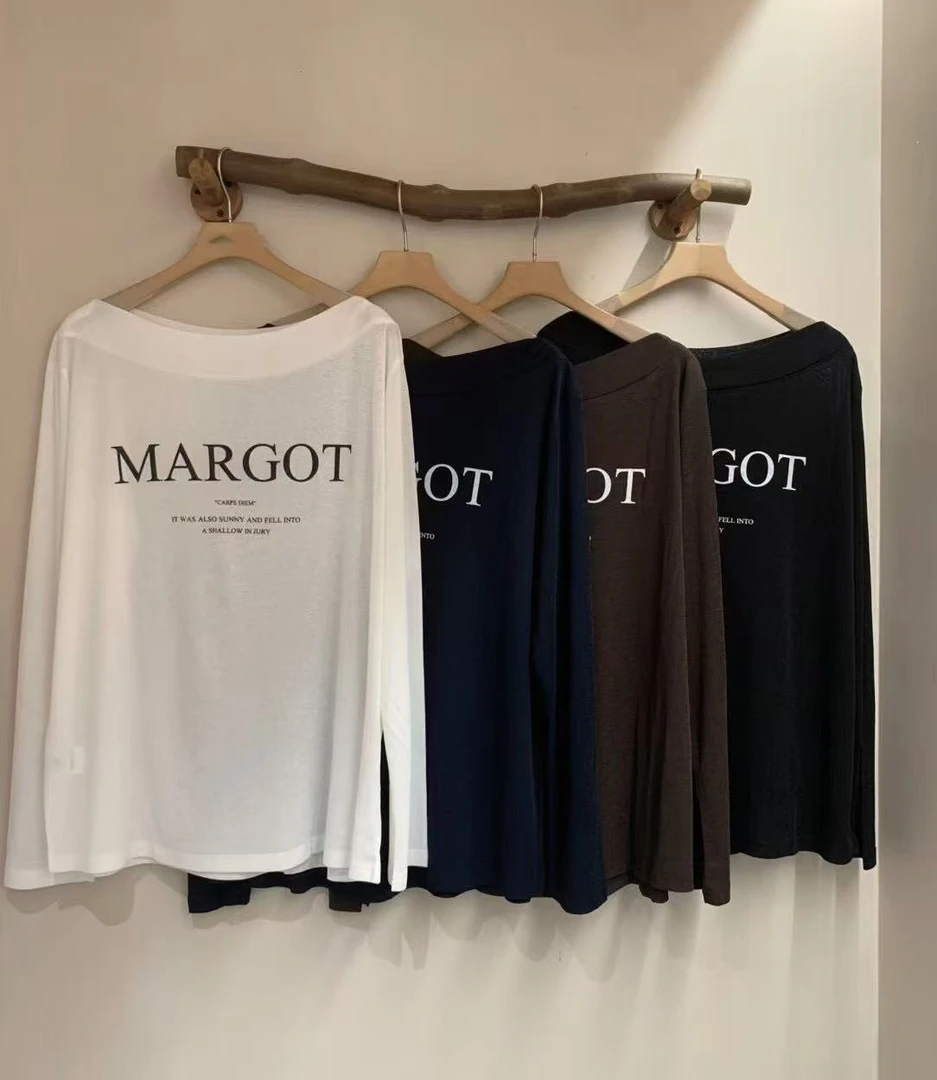 2025【蕾蕾家】夏季时尚休闲百搭极简韩系一字肩字母长袖防晒T恤