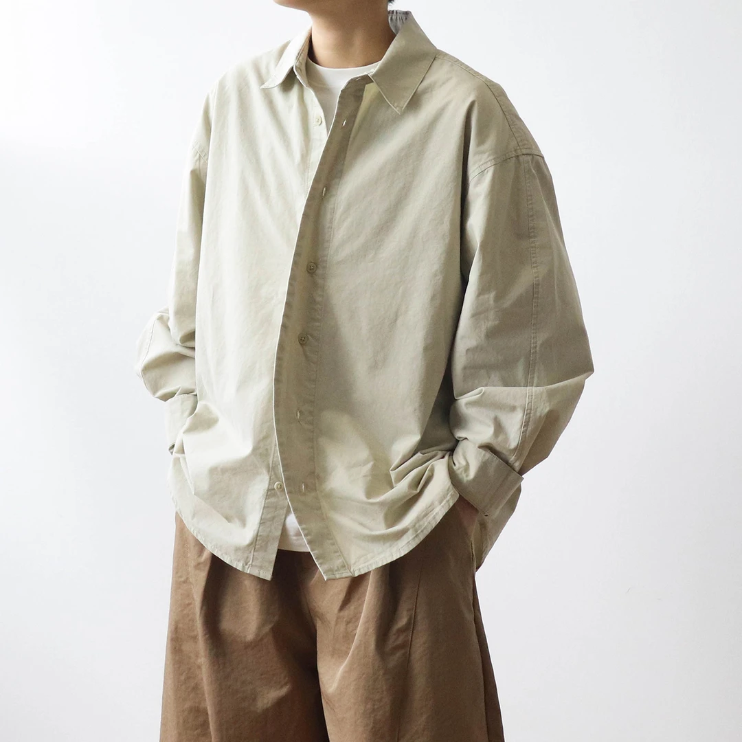 秋季日系复古松弛感弯刀袖宽松长袖衬衫男女做旧质感纯棉休闲衬衣