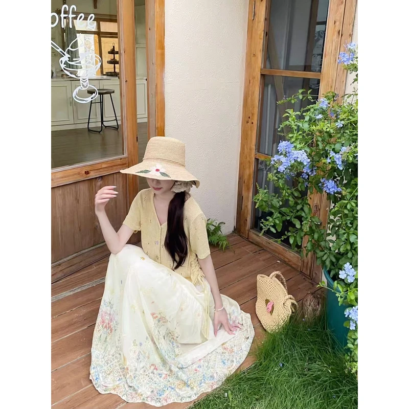 【一片花园】法式重工刺绣花松紧腰半身裙48688（裙长88）