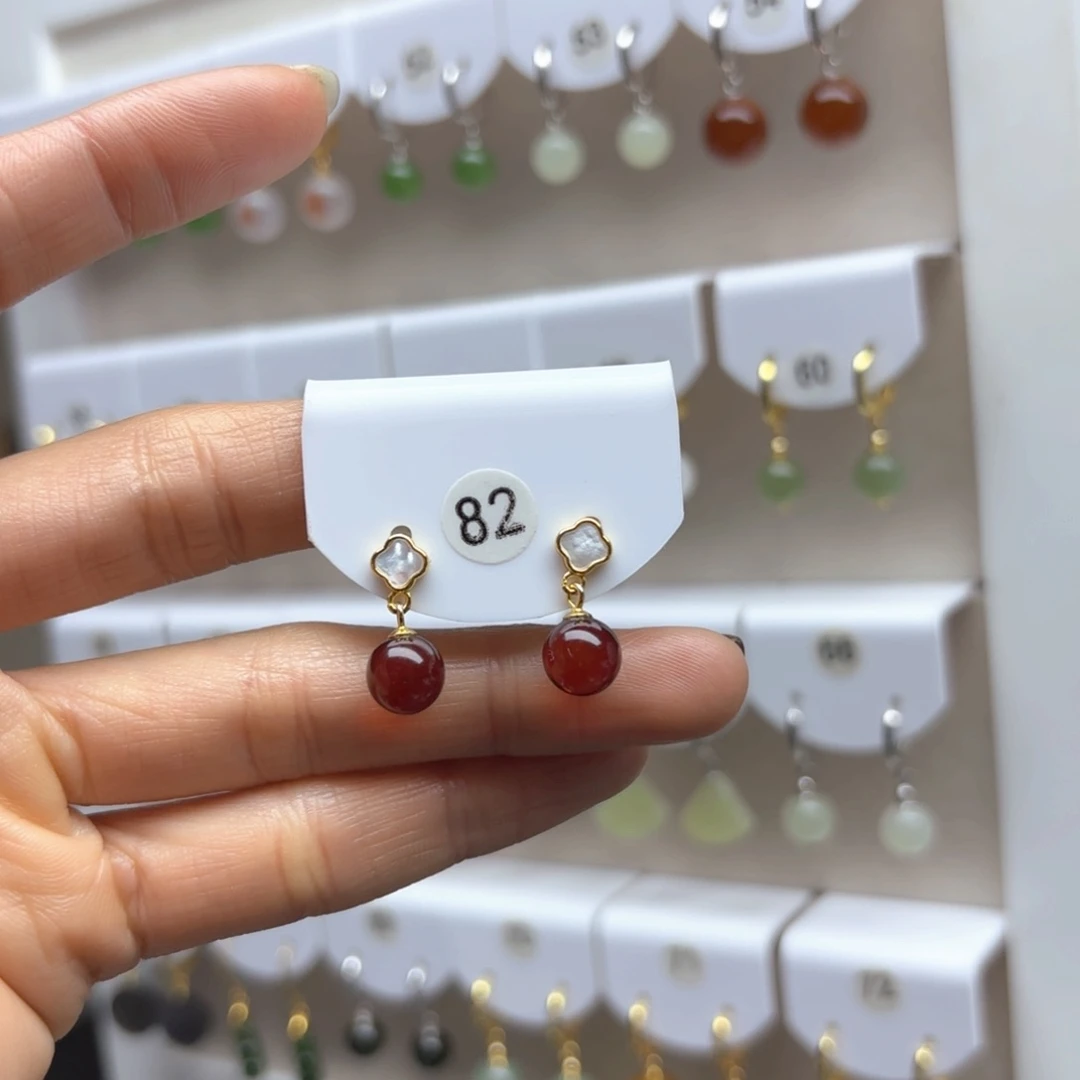 琥珀耳饰银S925镶嵌血珀