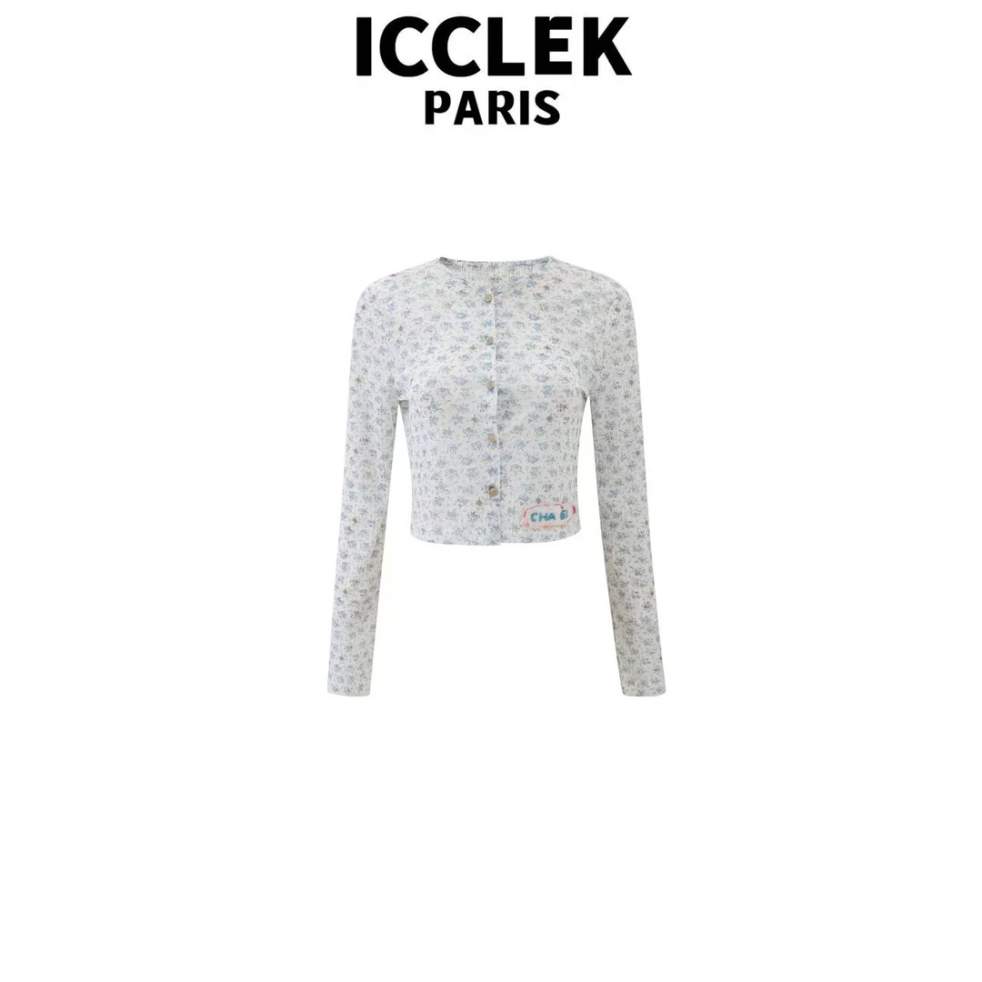 ICCLEK 碎花衬衣撞色设计感洋气轻奢时尚减龄气质显瘦开衫 - 5739