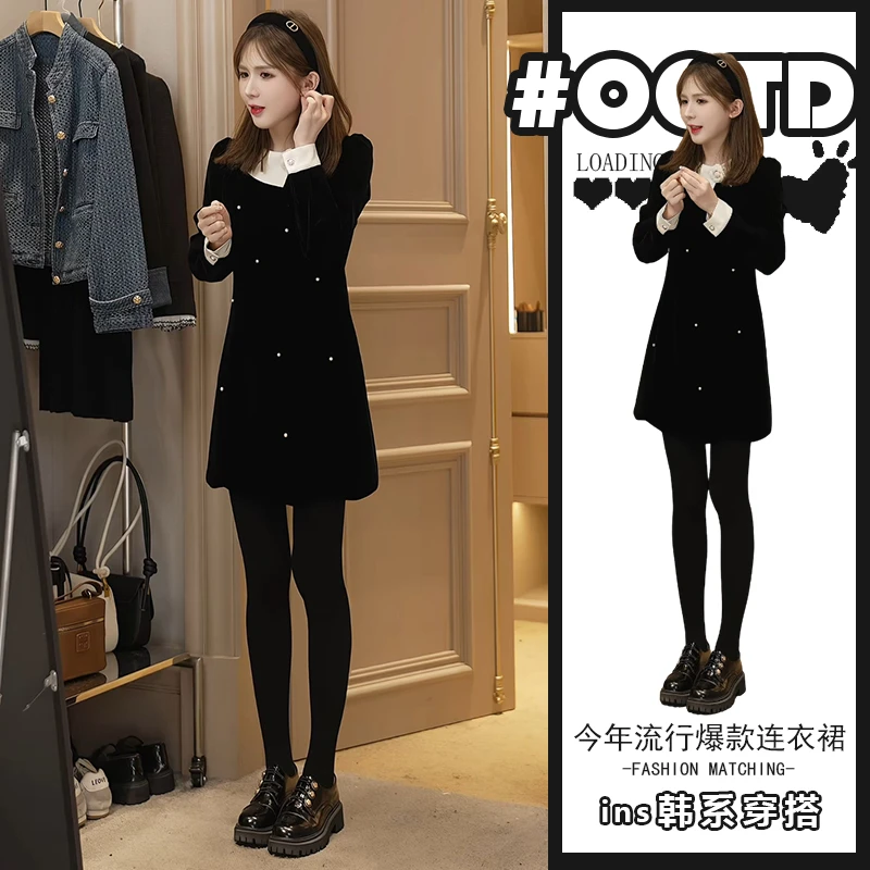 2025年秋冬高端精致显瘦连衣裙女小个子气质撞色拼接A字裙潮