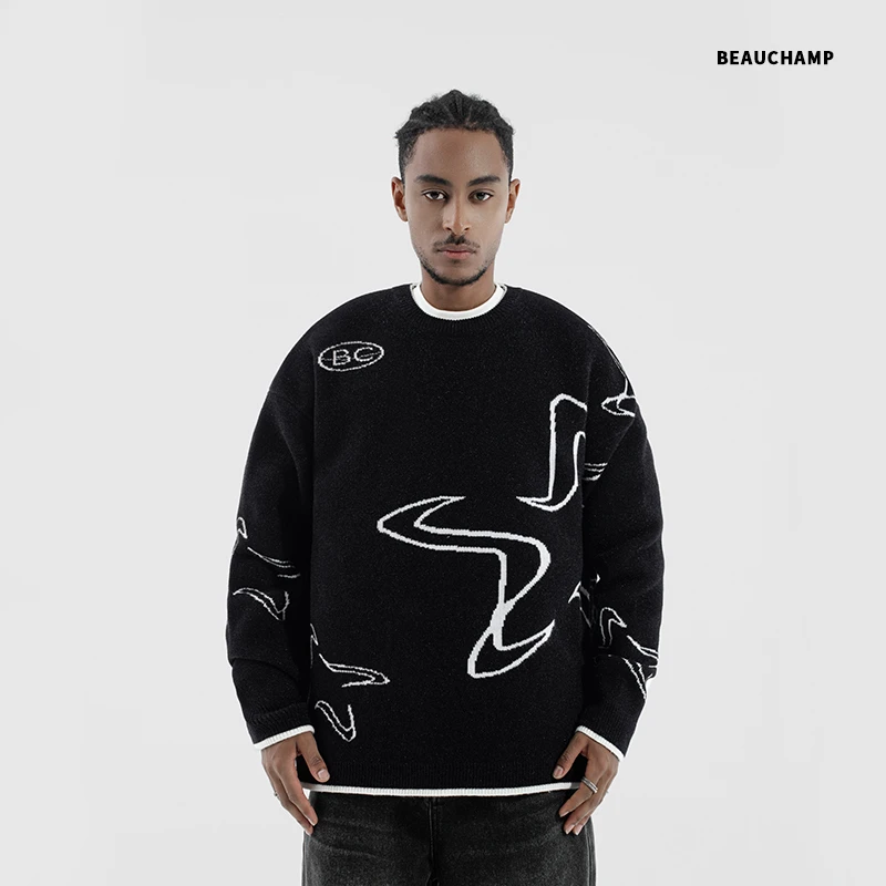 Beau champ品牌 美式潮流长袖宽松圆领提花休闲毛衣7009#