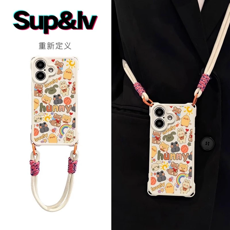 适用苹果16手机壳气囊华为可爱女款荣耀印花vivo软壳OPPO挂绳小米