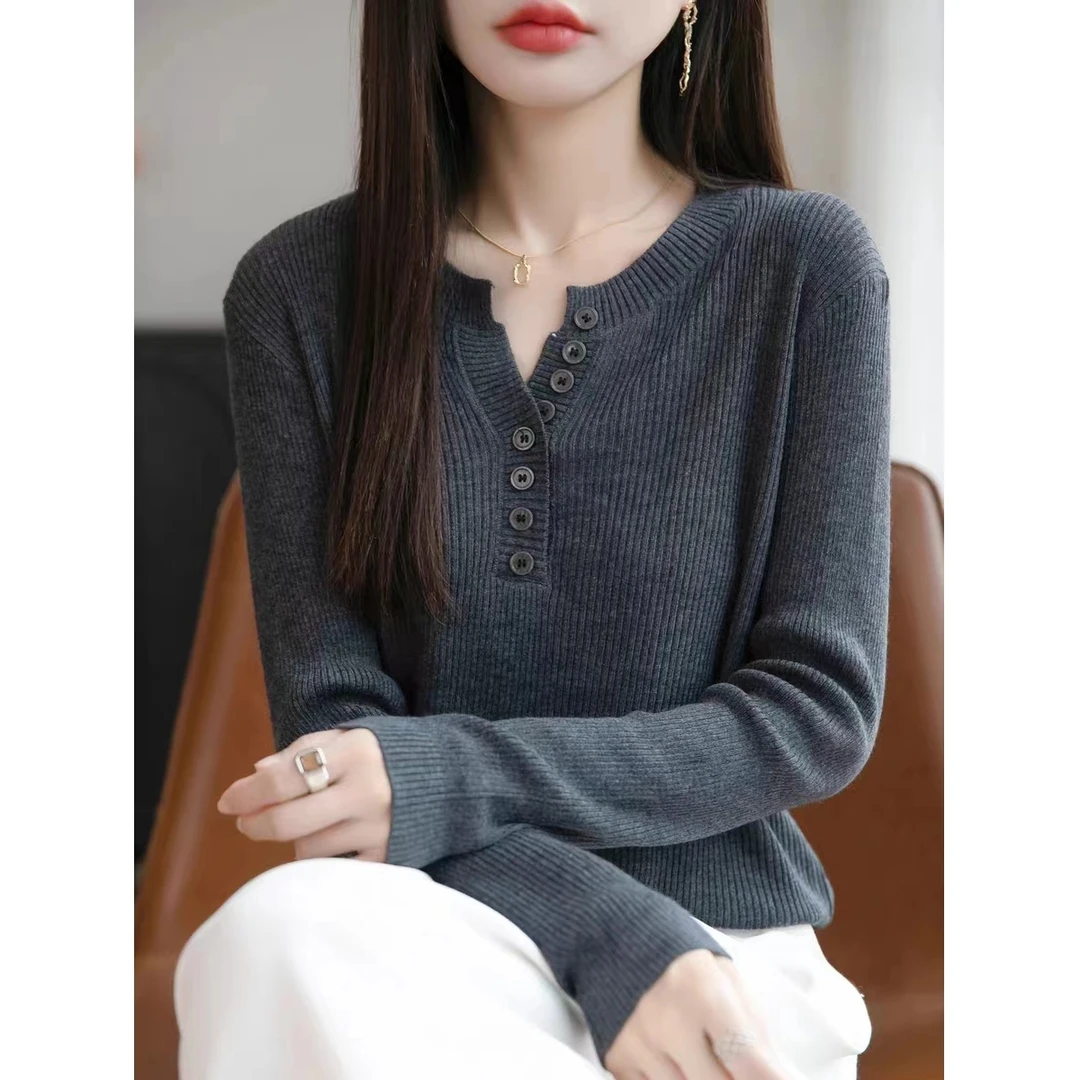 HMY5091202百搭软糯竖坑条半开扣剪领针织衫网红洋气炸街女装