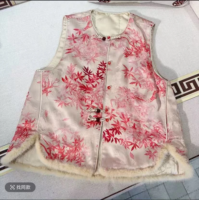 新中式国风复古印花水貂毛领冬季马甲