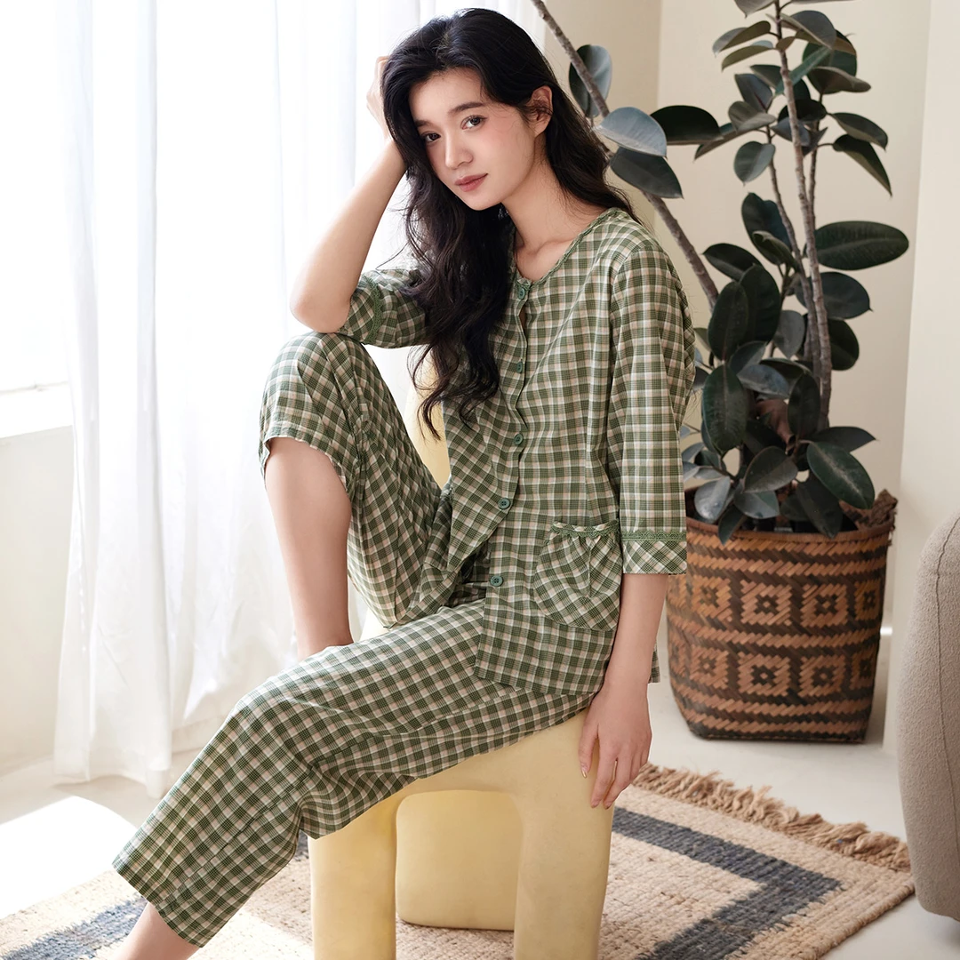 秋鹿清新果绿舒适梭织色织格七分袖九分裤睡衣女套格子